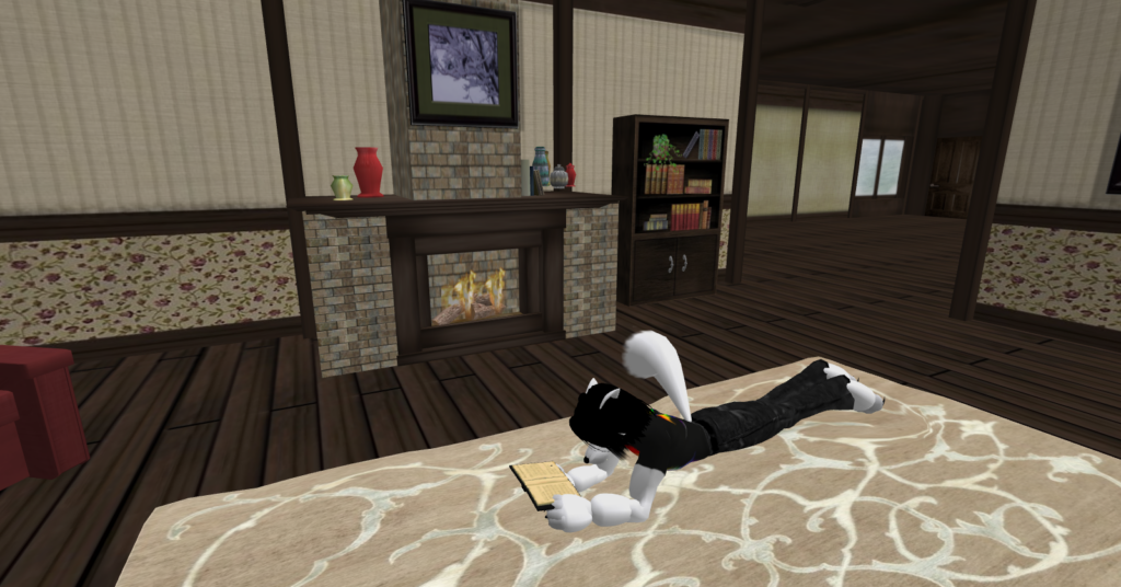 white vr wolf laying on a rug in a virtual house